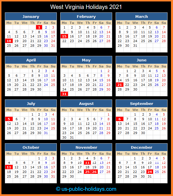 West Virginia Holiday Calendar 2021